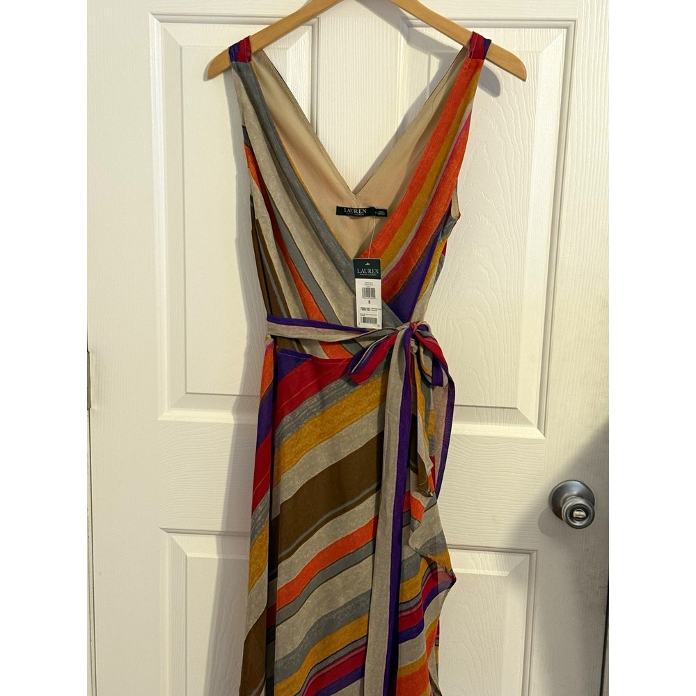 Ralph Lauren Chiffon Multicolor Striped Wrap Adjustable Tie Dress Size 8 NWT